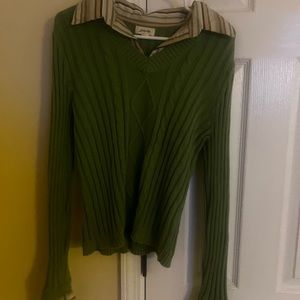 Womens St Johns Bay Green Cable Knit Collared Sweater Pullover Size Large